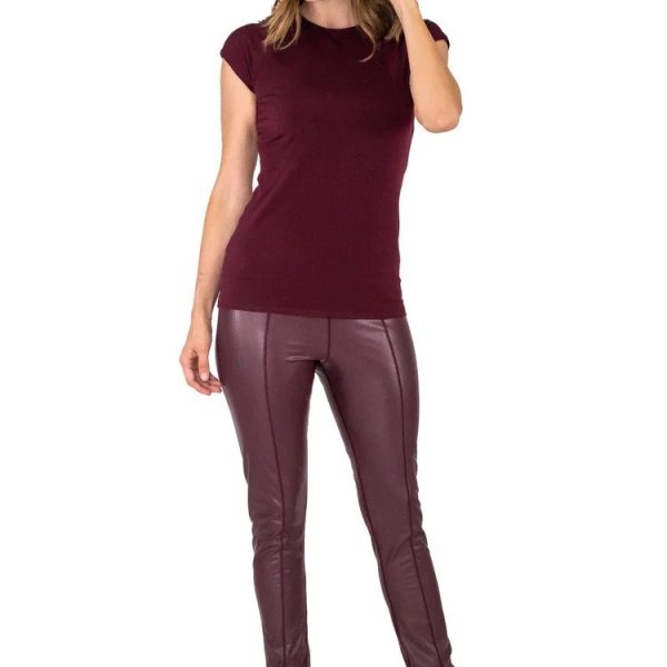 Eva Varro P12406 Plum Leatherette O.Lock Stitch Down Lined Leggings | Ooh Ooh Shoes women's clothing and shoe boutique located in Naples