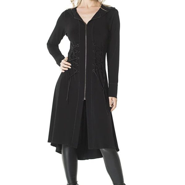 Eva Varro J11820E Black Long Sleeve Hooded Lace Up Long Jacket | Ooh Ooh Shoes women's clothing and shoe boutique located in Naples