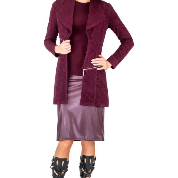 Eva Varro J12901 Plum Long Barcelona Jacket with Zipper Detail | Ooh Ooh Shoes women's clothing and shoe boutique located in Naples