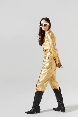 Lanhtropy Mercer Gold Metallic 100% Organic Linen Pants | Ooh Ooh Shoes women's clothing and shoe boutique located in Naples