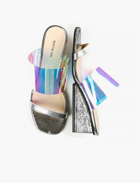 All Black Clear Banded Silver Wedge | Ooh Ooh Shoes women's clothing and shoe boutique located in Naples