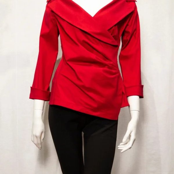 Samuel Dong F19391 Red Wrap Dressy Blouse | Ooh Ooh Shoes women's clothing and shoe boutique located in Naples