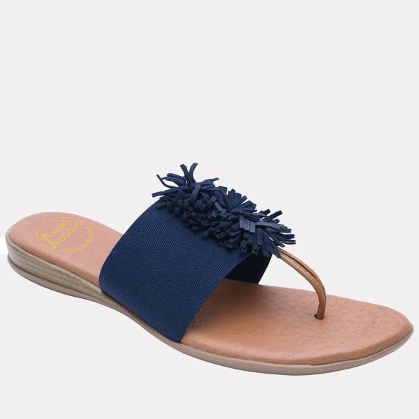 Andre Assous Novalee Navy Woman's Sandal with Fringe Detail | Ooh Ooh Shoes woman's clothing and shoe boutique located in Naples and Mashpee.