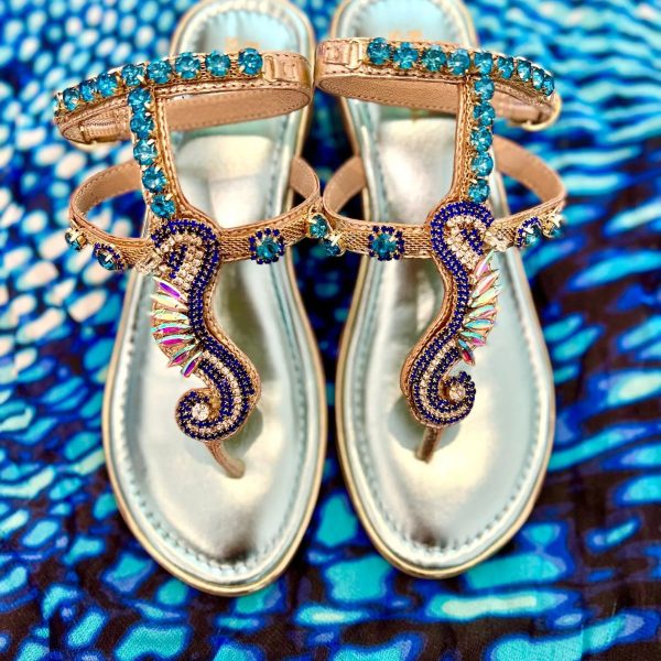 Bottega Smeralda 2LL20Q Aqua Seahorse with Crystal Accents Leather Toe Strap Sandal | Ooh Ooh Shoes women's clothing and shoe boutique located in Naples and Mashpee