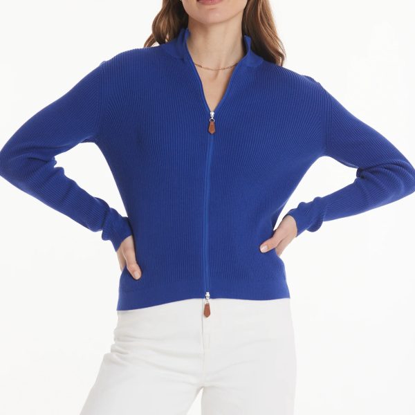 Tyler Boe 24000V Electric Blue Long Sleeve Zip Front Cotton Cardigan | Ooh Ooh Shoes women's clothing and shoe boutique located in Naples and Mashpee