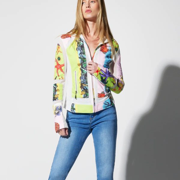 Oo La La M6080 Seashell printed quilted scuba mesh combo jacket| Ooh Ooh Shoes Woman's clothing and shoe boutique located in Naples and Mashpee