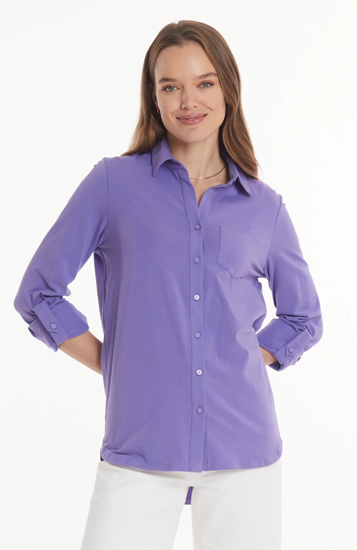 Tyler Boe 12012 Crocus Button Down Front Patti Roll Sleeve Polo | Ooh Ooh Shoes women's clothing and shoe boutique located in Naples and Mashpee
