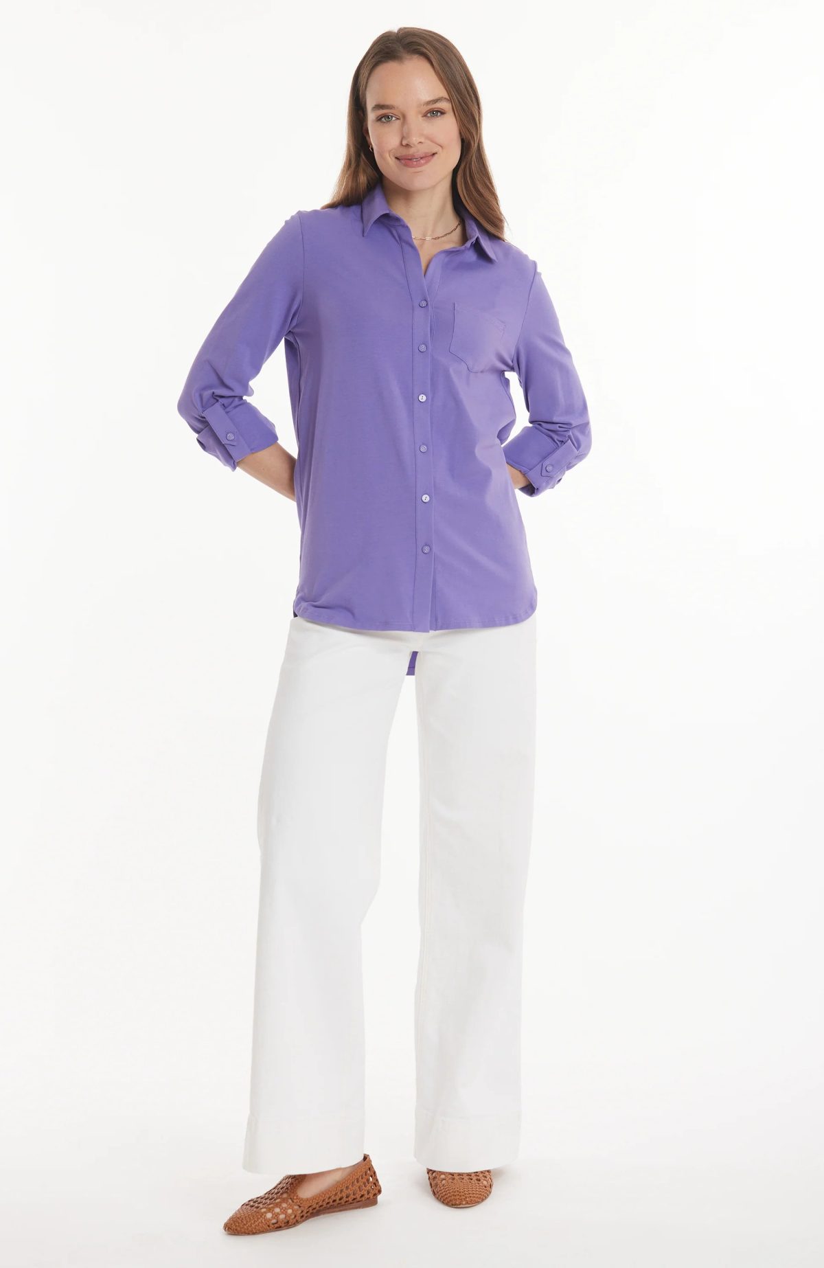 Tyler Boe 12012 Crocus Button Down Front Patti Roll Sleeve Polo | Ooh Ooh Shoes women's clothing and shoe boutique located in Naples and Mashpee