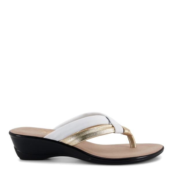 Onex Melba White/Gold Soft Leather Thong Sandal | Ooh Ooh Shoes women's clothing and shoe boutique located in Naples