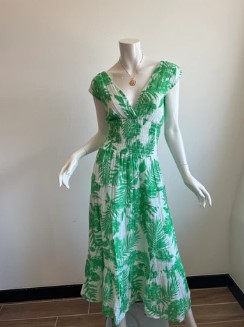 felicite 3911-113 P Smocked Green Palm Printed 100% Cotton Gauze Dress | Ooh Ooh Shoes women's clothing and shoe boutique located in Naples