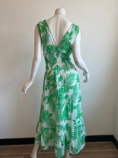 felicite 3911-113 P Smocked Green Palm Printed 100% Cotton Gauze Dress | Ooh Ooh Shoes women's clothing and shoe boutique located in Naples