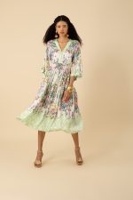 Hale Bob 52GQ630A Long Sleeve V Neck Zahra Midi Dress in Green Print | Ooh Ooh Shoes woman's clothing and shoe boutique located in Naples Florida
