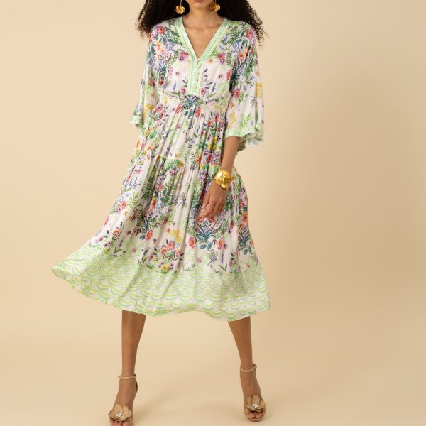 Hale Bob 52GQ630A Long Sleeve V Neck Zahra Midi Dress in Green Print | Ooh Ooh Shoes woman's clothing and shoe boutique located in Naples Florida