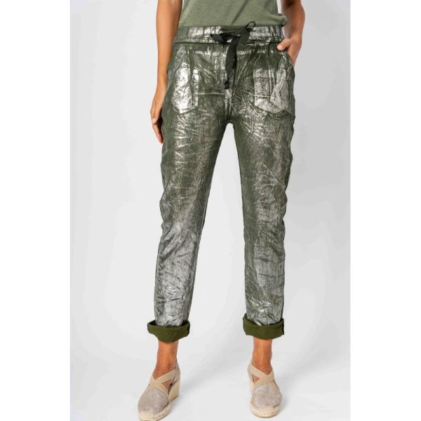 Look Mode 2632S Olive Silver Foil On Front Jegging | Ooh Ooh Shoes women's clothing and shoe boutique located in Naples