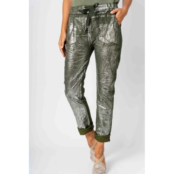Look Mode 2632S Olive Silver Foil On Front Jegging | Ooh Ooh Shoes women's clothing and shoe boutique located in Naples