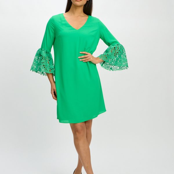 Joseph Ribkoff 241252 Island Green V Neckline Ruffle & Lace 3/4 Sleeve Dress | Ooh Ooh Shoes women's clothing and shoe boutique located in Naples