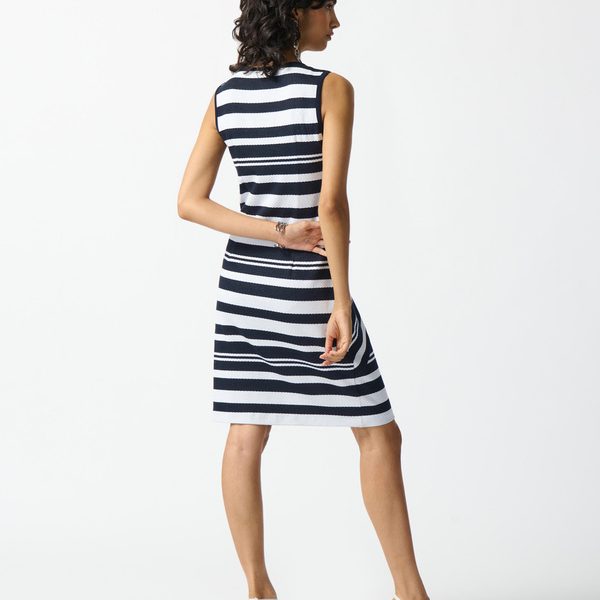 Joseph Ribkoff 242077 Midnight Blue/Off White V Neckline Multi Stripe Dress | Ooh Ooh Shoes women's clothing and shoe boutique located in Naples