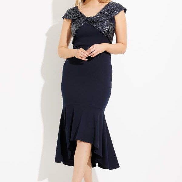 Joseph Ribkoff 233731 Midnight Blue Plunging Neckline High Low Dress | Ooh Ooh Shoes women's clothing and shoe boutique located in Naples and Mashpee