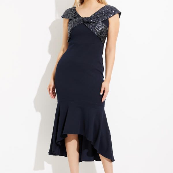 Joseph Ribkoff 233731 Midnight Blue Plunging Neckline High Low Dress | Ooh Ooh Shoes women's clothing and shoe boutique located in Naples and Mashpee