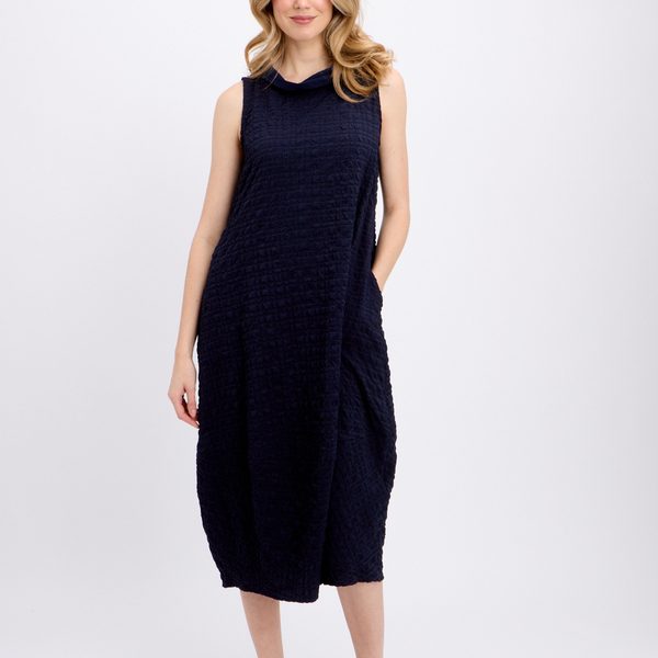 Joseph Ribkoff 241204 Midnight Blue Sleeveless Mock Neck Textured Cocoon Dress | Ooh Ooh Shoes women's clothing and shoe boutique located in Naples