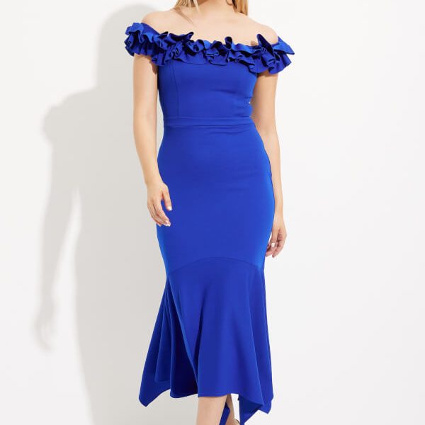 Joseph Ribkoff 233741 Royal Sapphire Fitted with Ruffle Off The Shoulder Dress Ooh Ooh Shes women's clothing and shoe boutique locted in Naples and Mashpee