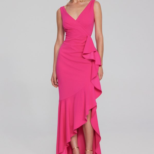 Joseph Ribkoff 241700 Shocking Pink Sleeveless Ruffle Detail With Slit Dress | Ooh Ooh Shoes women's clothing and shoe boutique located in Naples