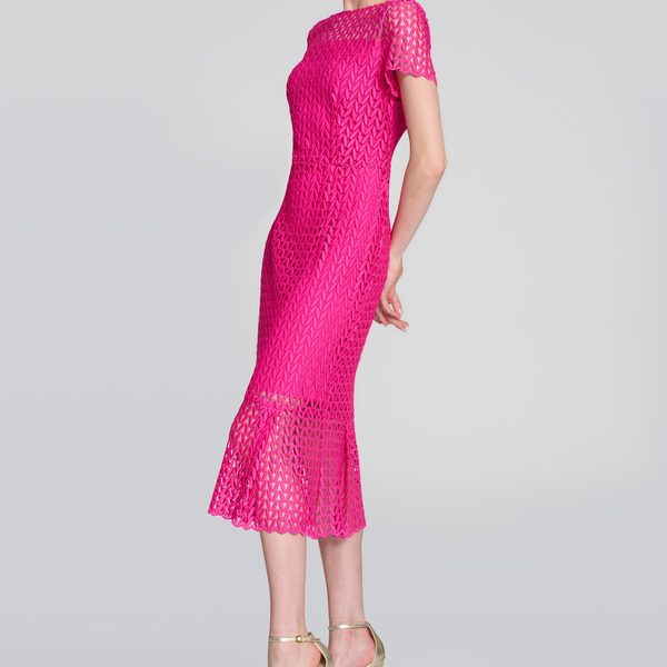 Joseph Ribkoff 242704 Shocking Pink Chevron Lace Overlay Long Dress | Ooh Ooh Shoes women's clothing and shoe boutique located in Naples
