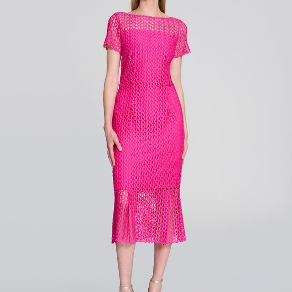 Joseph Ribkoff 242704 Shocking Pink Chevron Lace Overlay Long Dress | Ooh Ooh Shoes women's clothing and shoe boutique located in Naples