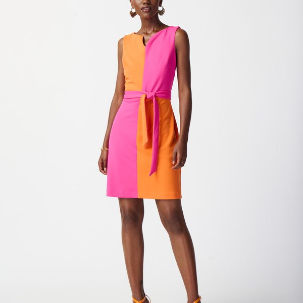 Joseph Ribkoff 241193 Ultra Pink/Mandarin Orange Sleeveless Color Blocked Belted Dress | Ooh Ooh Shoes women's clothing and shoe boutique located in Naples