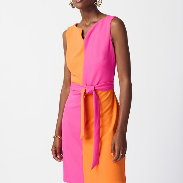 Joseph Ribkoff 241193 Ultra Pink/Mandarin Orange Sleeveless Color Blocked Belted Dress | Ooh Ooh Shoes women's clothing and shoe boutique located in Naples