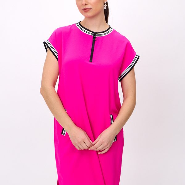 Joseph Ribkoff 241235 Ultra Pink Striped Trim Short Sleeve T Shirt Style Dress | Ooh Ooh Shoes women's clothing and shoe boutique located in Naples