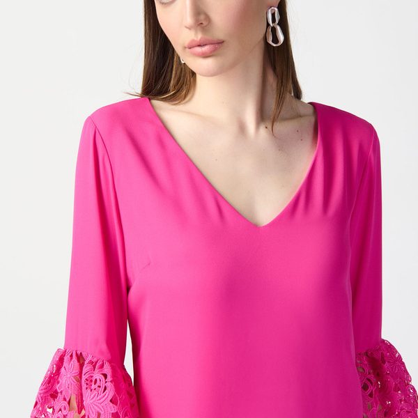 Joseph Ribkoff 241252 Ultra Pink V Neckline Ruffle & Lace 3/4 Sleeve Dress | Ooh Ooh Shoes women's clothing and shoe boutique located in Naples