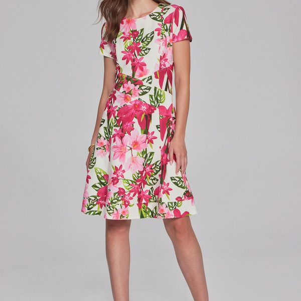 Joseph Ribkoff 241789 Vanilla/Multi Short Sleeve Floral Print Fit & Flare Dress | Ooh Ooh Shoes women's clothing and shoe boutique located in Naples