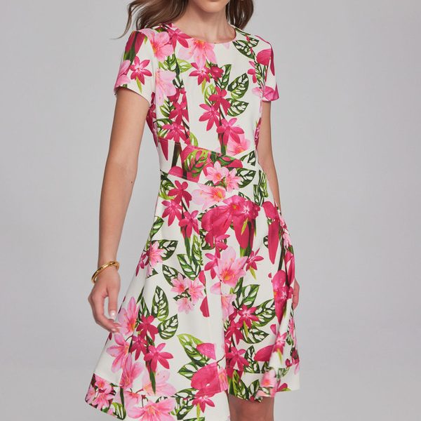 Joseph Ribkoff 241789 Vanilla/Multi Short Sleeve Floral Print Fit & Flare Dress | Ooh Ooh Shoes women's clothing and shoe boutique located in Naples