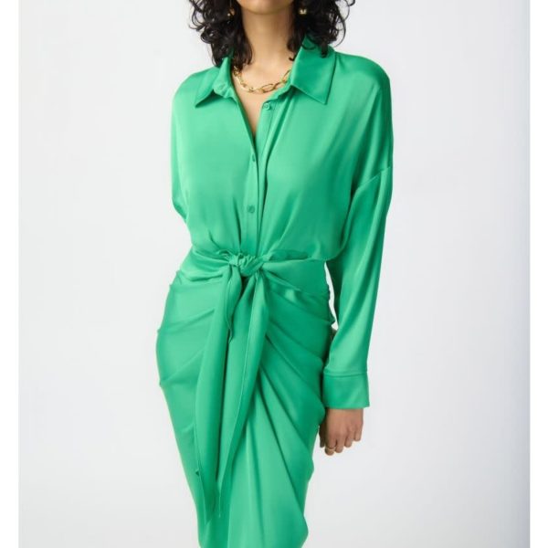 Joseph Ribkoff 241236 Island Green Satin Shirt Dress With Tie Waist | Ooh Ooh Shoes women's clothing and shoe boutique located in Naples