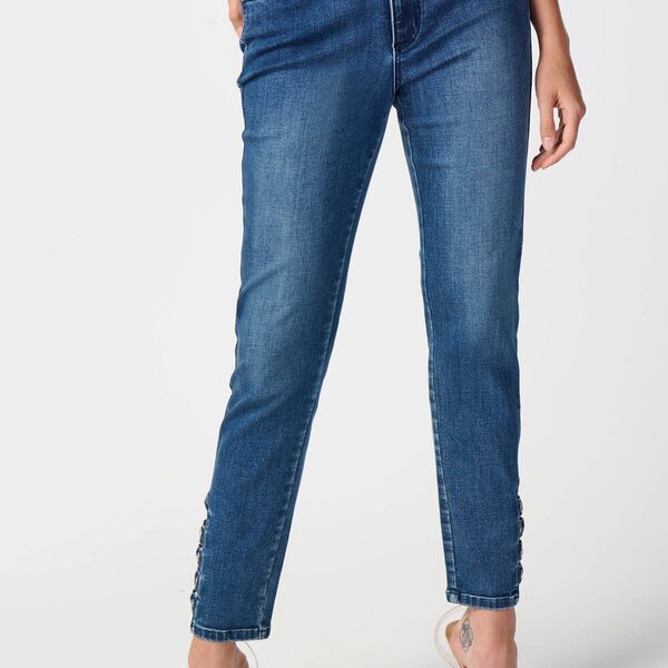Joseph Ribkoff 241900 Denim Medium Blue Eyelet Detail Slim Fit Jean | Ooh Ooh Shoes women' clothing and shoe boutique located in Naples
