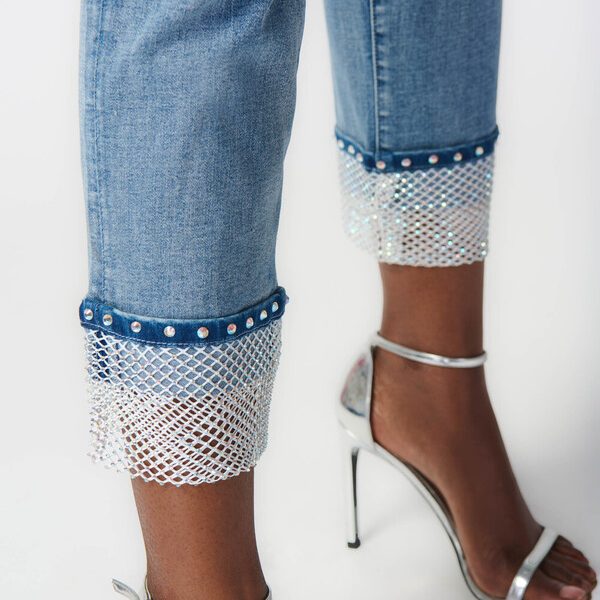 Joseph Ribkoff 241929 Vintage Blue Shimmery Mesh Cuff Jeans | Ooh Ooh Shoes women's clothing and shoe boutique located in Naples