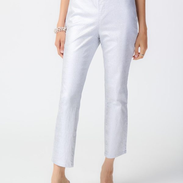 Joseph Ribkoff 241932 White/Silver Slim Fit Croc Skin Textured Pants | Ooh Ooh Shoes women's clothing and shoe boutique located in Naples