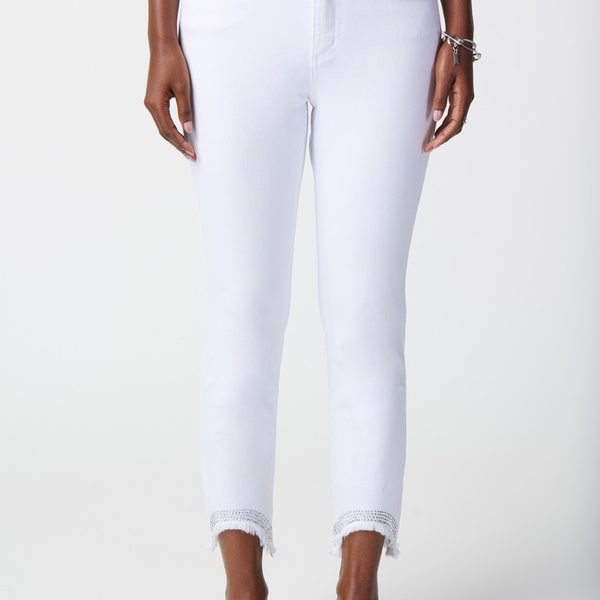 Joseph Ribkoff 241921 White Slim Fit Embellished Fringe Pants | Ooh Ooh Shoes women's clothing and shoe boutique located in Naples
