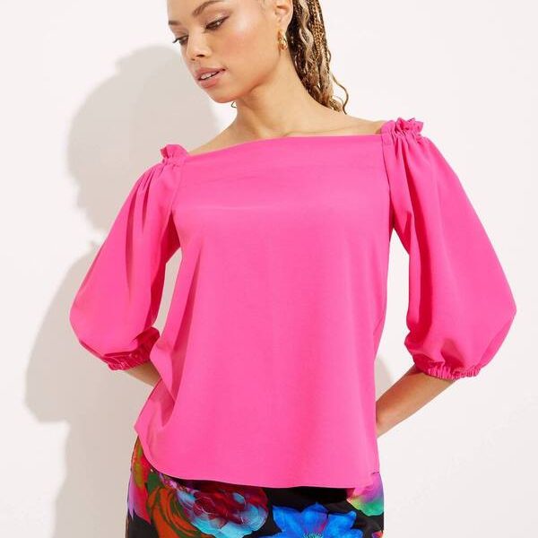 Joseph Ribkoff 232181 Dazzle Pink Stretchy Off the Shoulder Loose Fitting Top | Ooh Ooh Shoes women's clothing and shoe boutique located in Naples and Mashpee