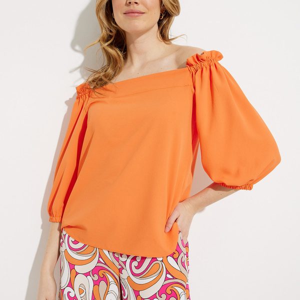 Joseph Ribkoff 232181 Mandarin Stretchy Off the Shoulder Loose Fitting Top with Puffy Sleeves| Ooh Ooh Shoes women's clothing and shoe boutique located in Naples and Mashpee