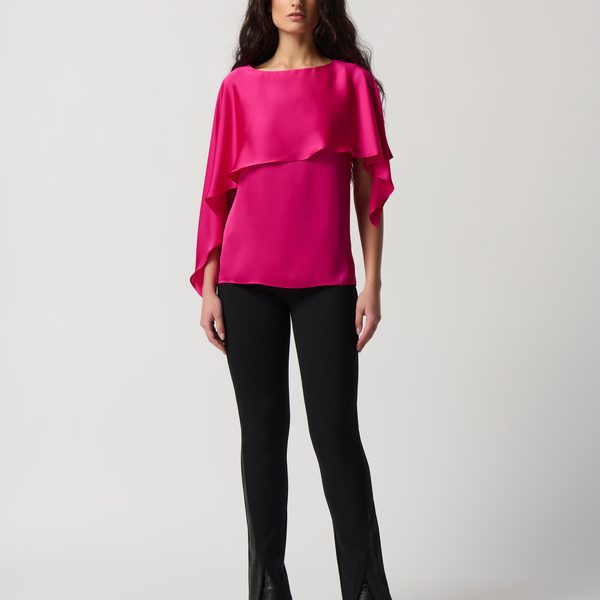 Joseph Ribkoff 234023 Shocking Pink Satin Layered Boat Neckline Top | Ooh Ooh Shoes women's clothing and shoe boutique located in Naples