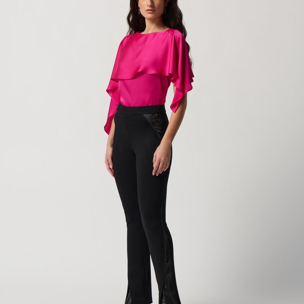 Joseph Ribkoff 234023 Shocking Pink Satin Layered Boat Neckline Top | Ooh Ooh Shoes women's clothing and shoe boutique located in Naples