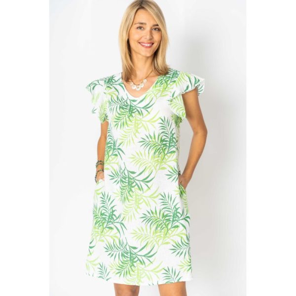Look Mode 1313F Green Leaf Printed Linen Ruffled Cap Sleeve Dress | Ooh Ooh Shoes women's clothing and shoe boutique located in Naples