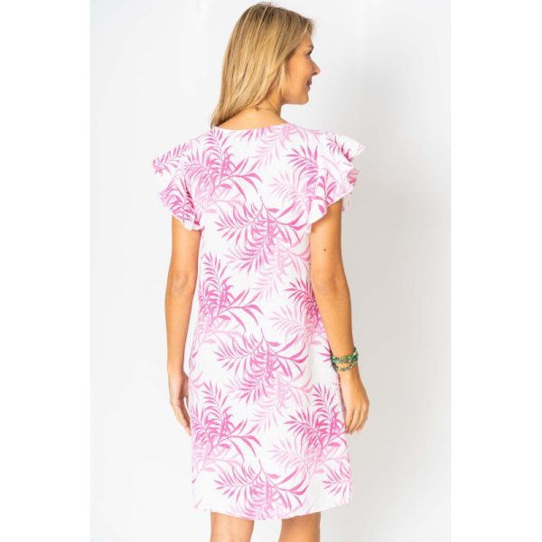 Look Mode 1313F Fuchsia Leaf Printed Linen Ruffled Cap Sleeve Dress | Ooh Ooh Shoes women's clothing and shoe boutique located in Naples