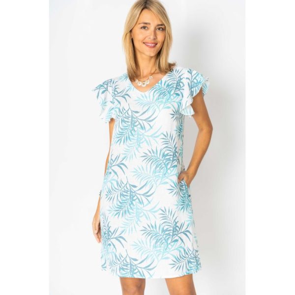 Look Mode 1313F Blue Leaf Printed Linen Ruffled Cap Sleeve Dress | Ooh Ooh Shoes women's clothing and shoe boutique located in Naples