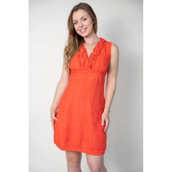 Look Mode 3131 Orange Linen V Neck Triple Ruffle Top Dress | Ooh Ooh Shoes women's clothing and shoe boutique located in Naples and Mashpee