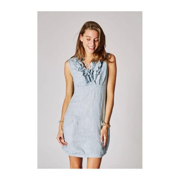 Look Mode 3131 Light Blue Linen V Neck Triple Ruffle Top Dress | Ooh Ooh Shoes women's clothing and shoe boutique located in Naples