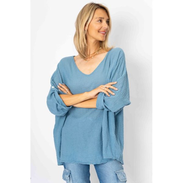 Look Mode 65270 Blue One Size V Neck Gauze Top with Necklace | Ooh Ooh Shoes women's clothing and shoe boutique located in Naples