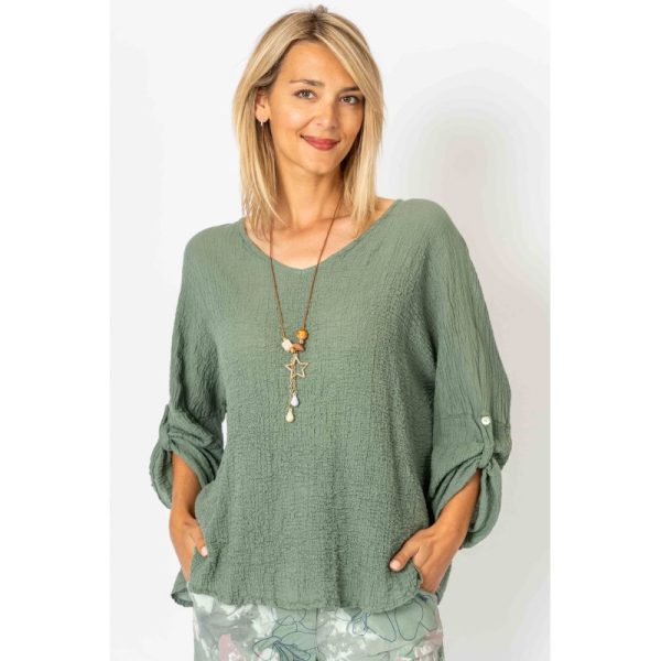 Look Mode 65270 Olive One Size V Neck Gauze Top with Necklace | Ooh Ooh Shoes women's clothing and shoe boutique located in Naples